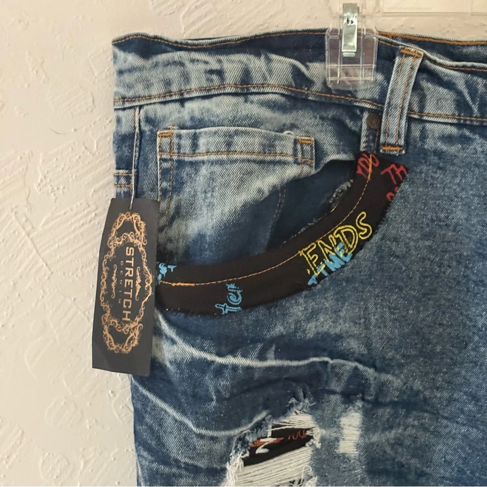 NEW FWRD Denim‎ & Co. Mens Blue Slim Fit Jeans Distressed 46x33 Graffiti Sayings